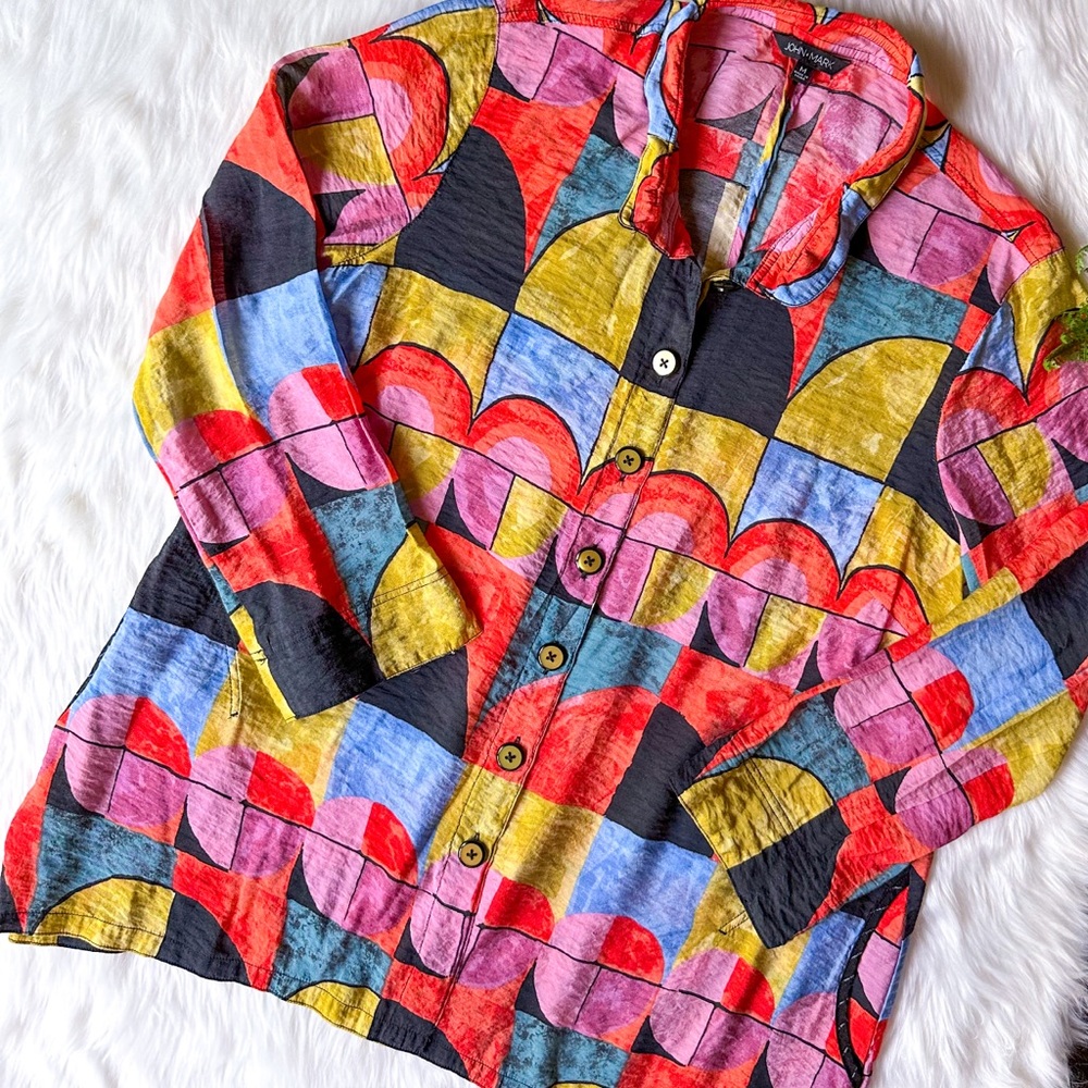 JOHN MARK Wire Collar Long Sleeve Color Block Geometric Button Up Blouse Tunic M
